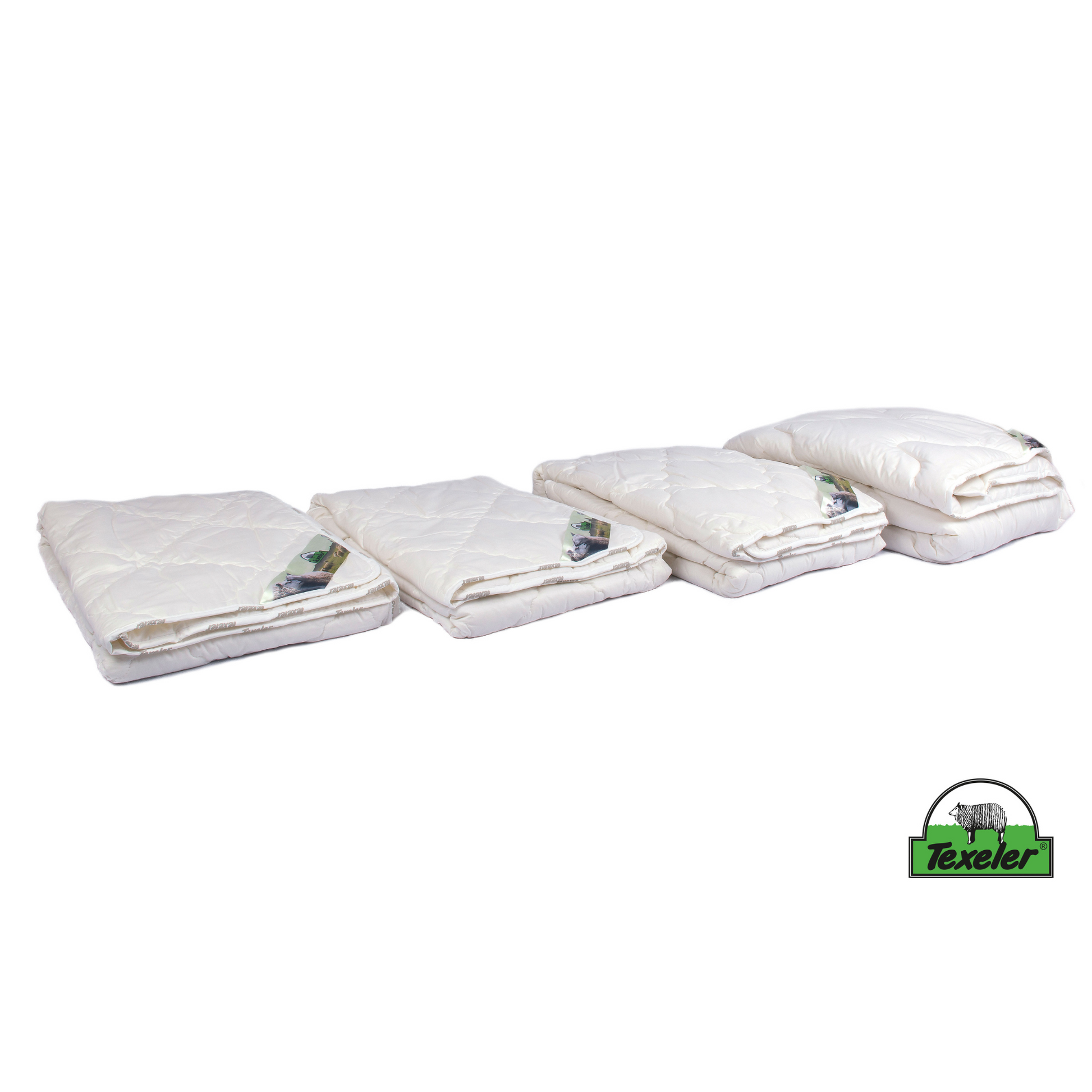 The four comforters laid next to eachother from lighters on the left and heaviest on the right. brand name texeler