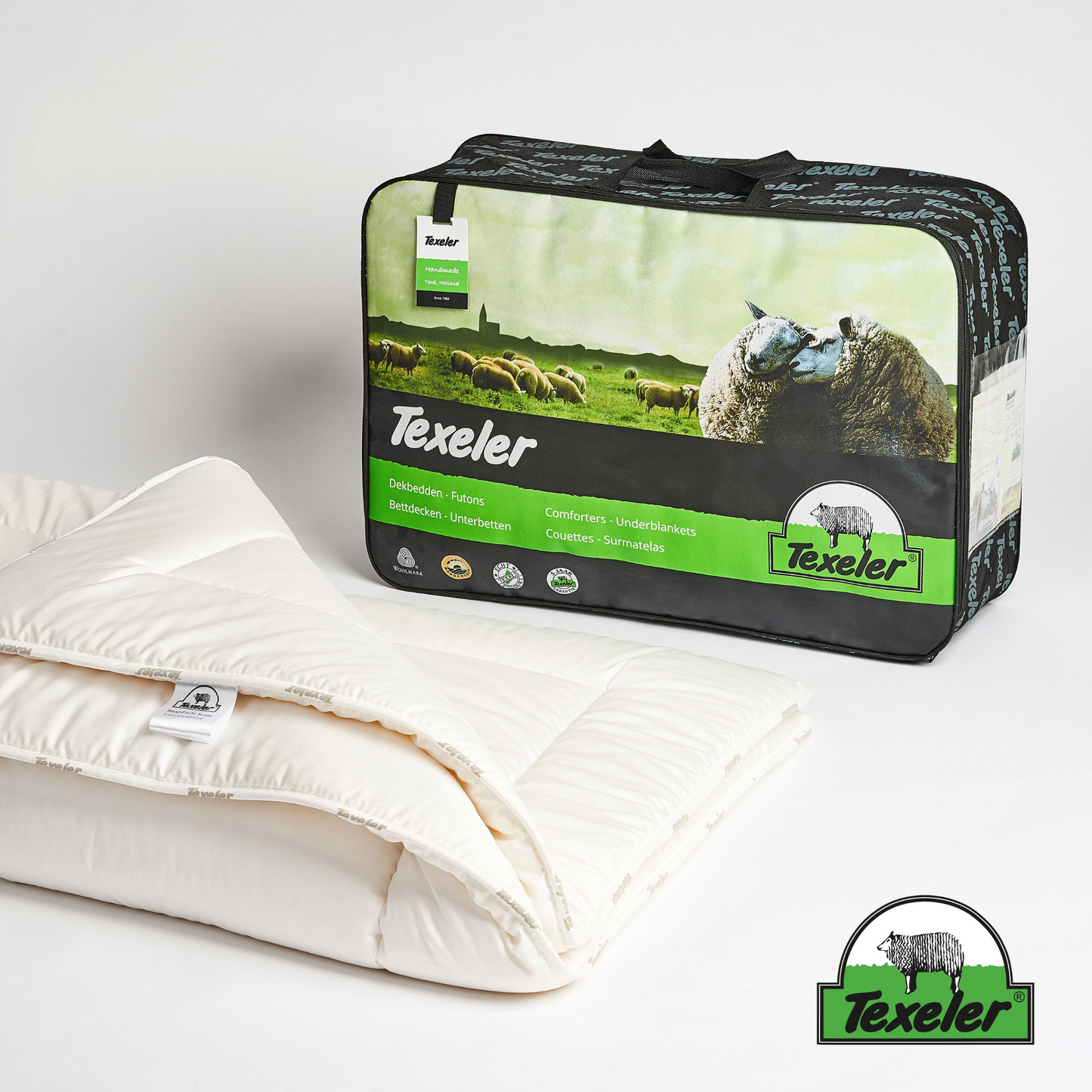 texeler sleep well satin wool comforter laying flat on a white background with the corners folded over. Product bag behind the comforter