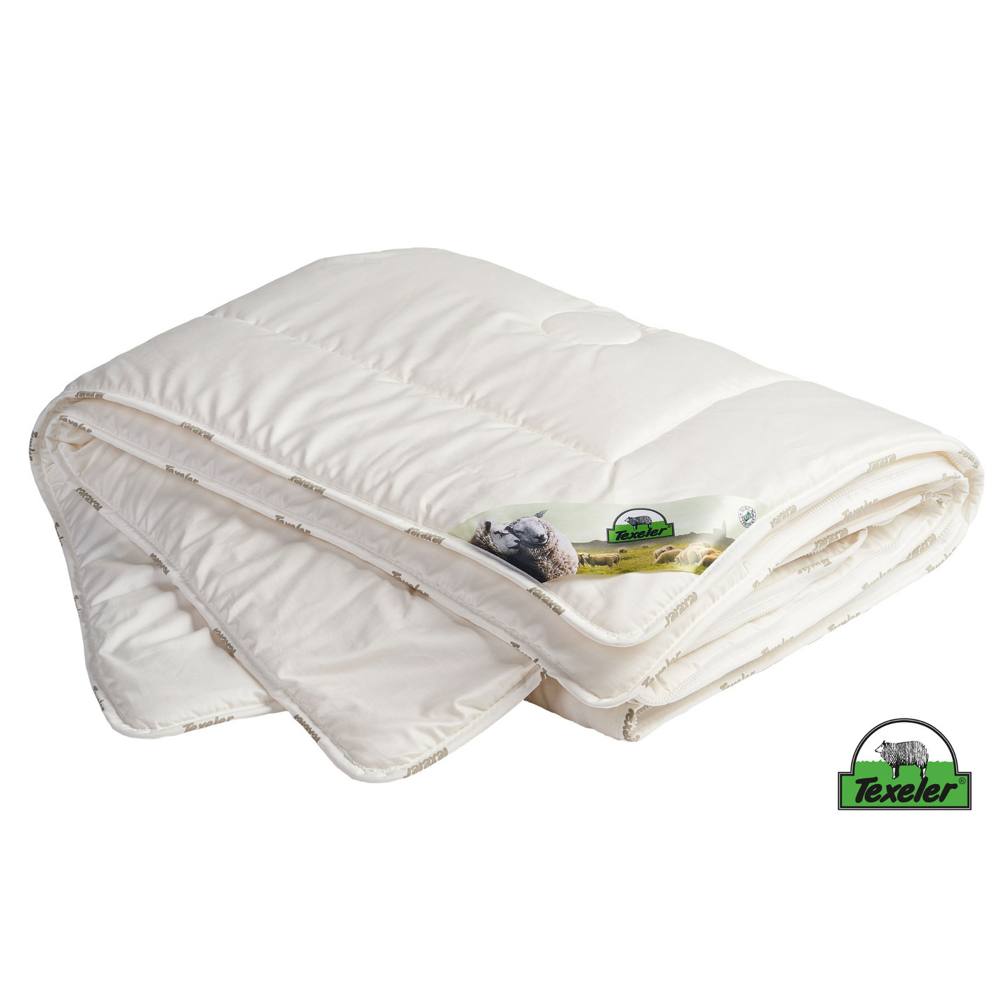 product picture of the texeler sleep well satin wool comforter on a white background. folded in a way that you can see the multiple layers of the comforter