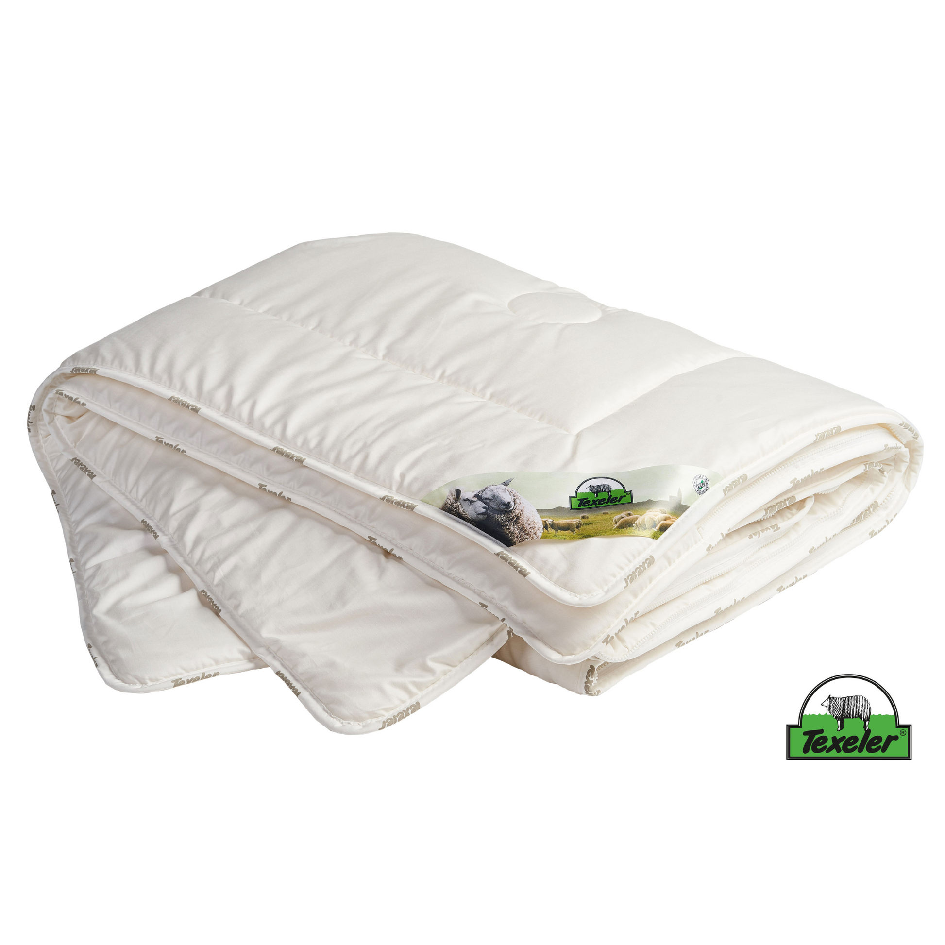 product picture of the texeler sleep well satin wool comforter on a white background. folded in a way that you can see the multiple layers of the comforter