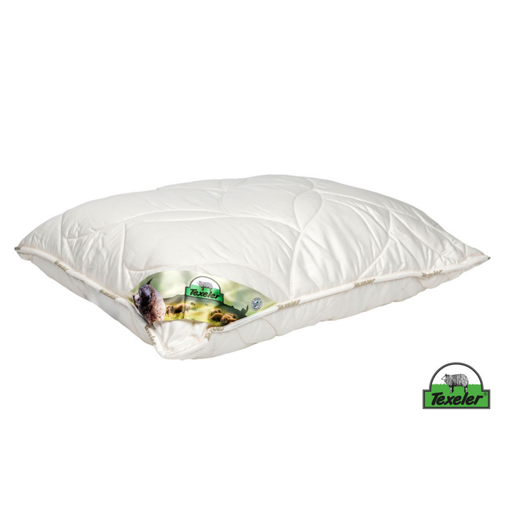 A white pillow with a textured design, featuring a small green and blue logo at the bottom corner. Texeler Soezz ultimate best wool pillow with tencel cover. White background and laying flat on the surface