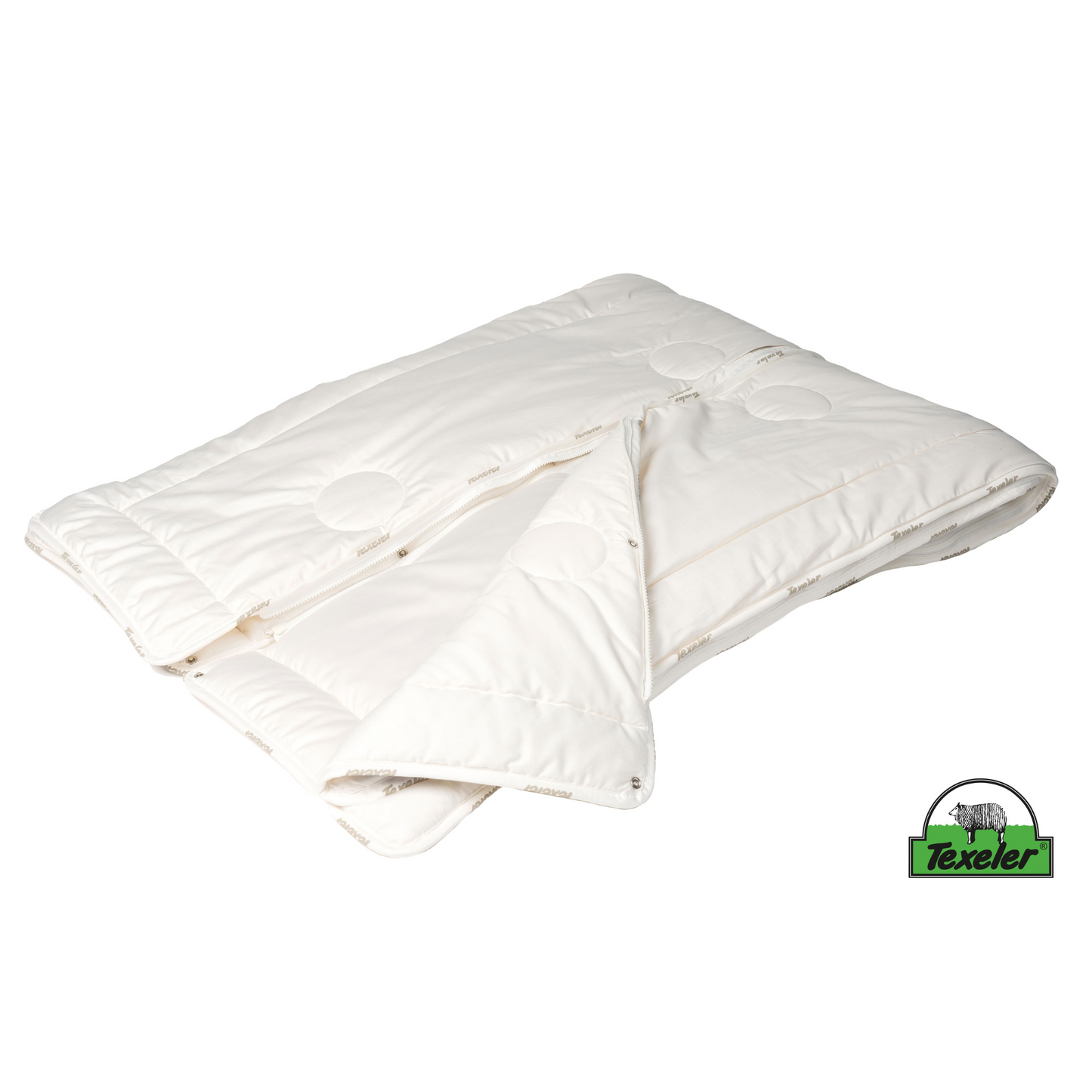 The texeler satin partner wool comforter laying flat while the zipper is undone in the middle to show the function of the comforter.