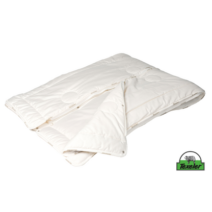 The texeler satin partner wool comforter laying flat while the zipper is undone in the middle to show the function of the comforter.