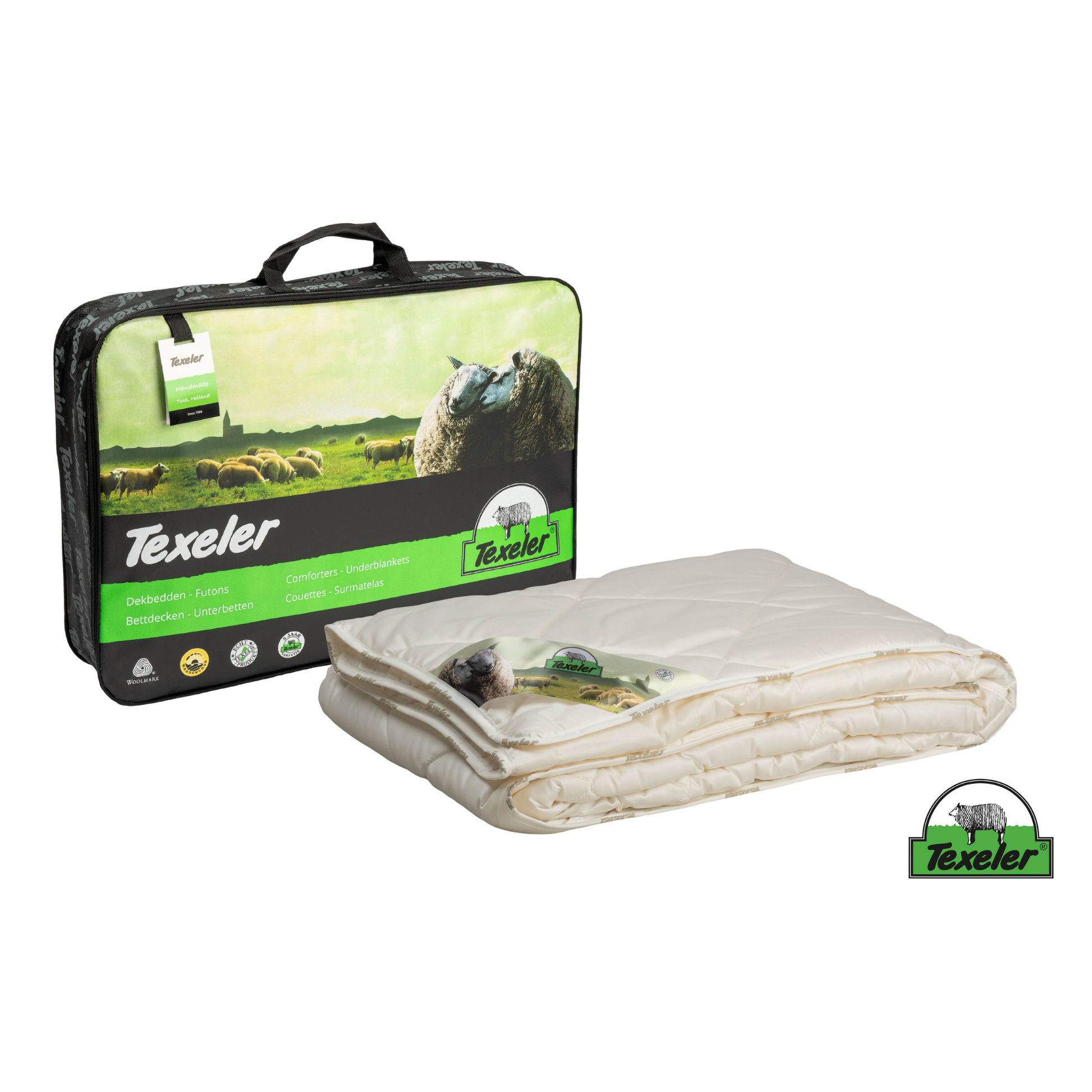 Texeler Tencel Wool Comforter displayed alongside its packaging, emphasizing its sustainable and luxurious qualities. Beige colour, brand name texeler