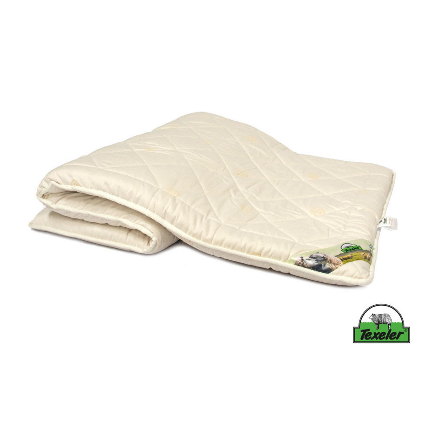 A beige mattress topper made of sheep wool, placed on a white background, Laying half folded on the surface and the brand name texeler